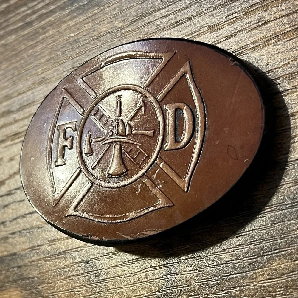 VTG GABC Rare Leather Fire Dept Maltese Cross Belt Buckle Firefighter 1980s USA